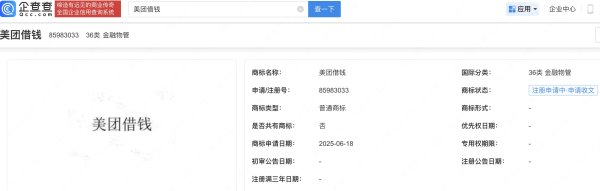 易方达证券 美团申请注册美团借钱商标